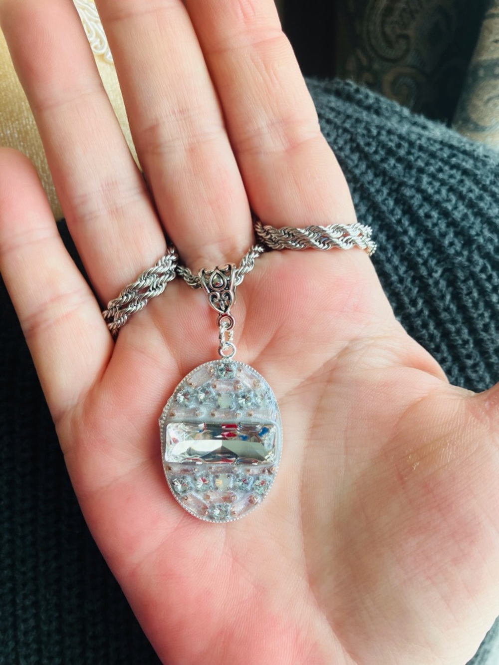 Silver-Tone Oval Pendant Necklace with Clear Crystals - Women Jewelry